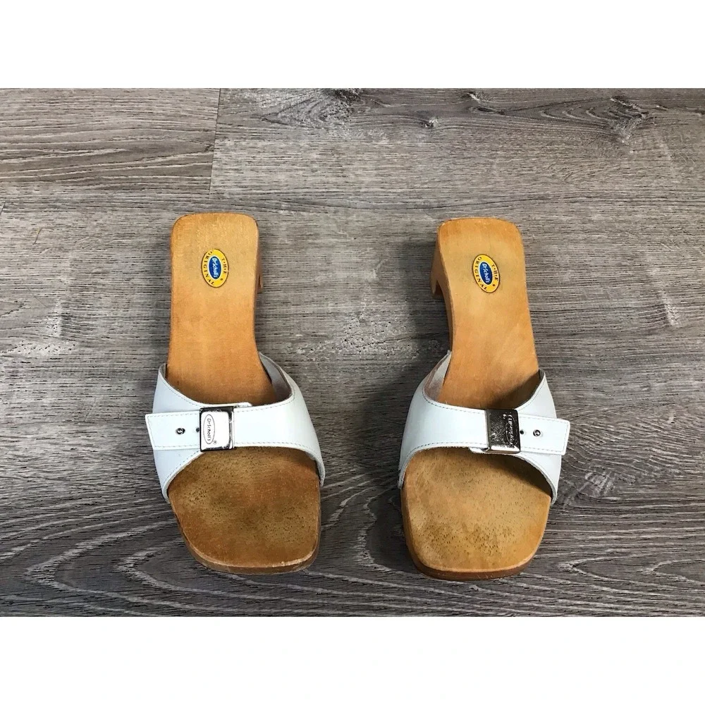 DR SCHOLL'S Original Wooden Sandal Women's Size 10 Slide SPECIAL White Leather